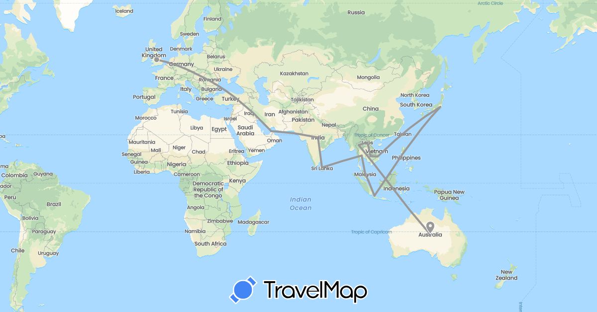 TravelMap itinerary: driving, plane in United Arab Emirates, Australia, United Kingdom, Hungary, Indonesia, India, Japan, Cambodia, Laos, Sri Lanka, Malaysia, Philippines, Singapore, Thailand, Vietnam (Asia, Europe, Oceania)