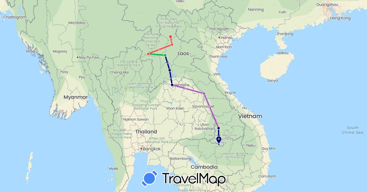 TravelMap itinerary: driving, bus, train, hiking in Laos (Asia)